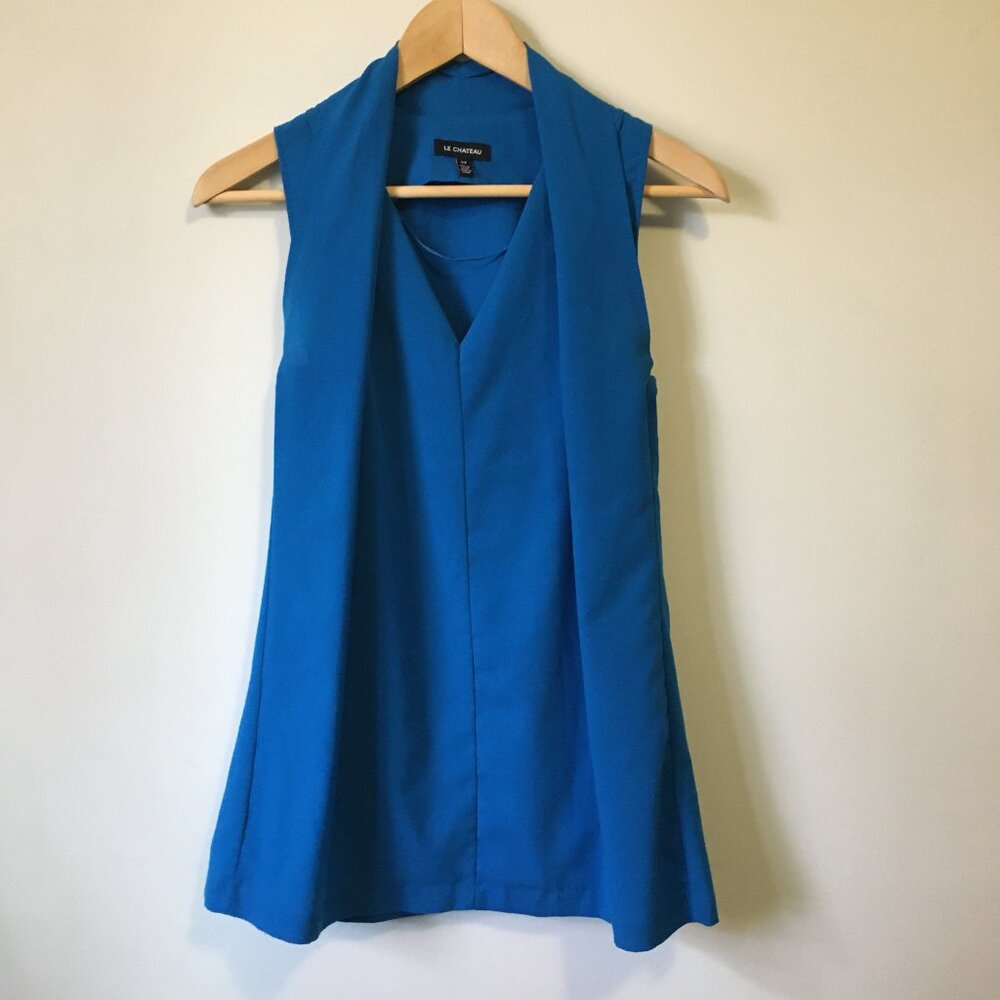 Le Château Azure Blue Draped Sleeveless Top with Shrug Collar, Size S